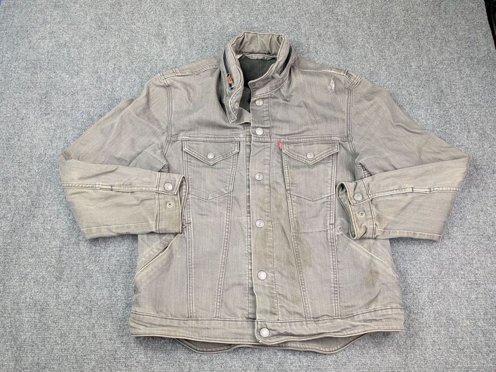 Levis Jacket Mens L Gray Denim Biker Grease Monkey Garage Thrash Hooded Grunge